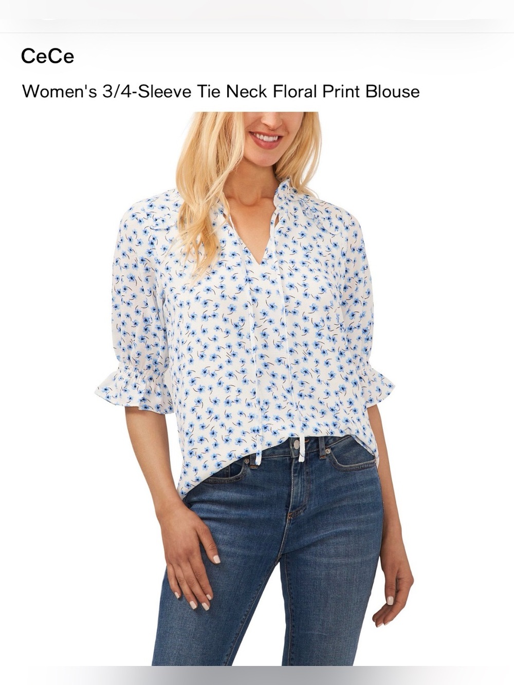 CeCe White Floral 3/4-Sleeve Tie Neck Blouse
